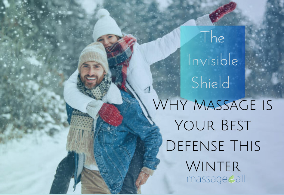 A photo of a couple enjoying snowy outdoors protected by a glowing blue shield, titled The Month of Immunity at Massage All.