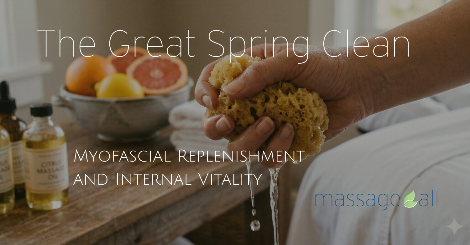 A close-up photograph of a hand squeezing a pink grapefruit half, releasing juice, near a massage spa table with massage oil bottles, citrus fruits, and towels in the background.
